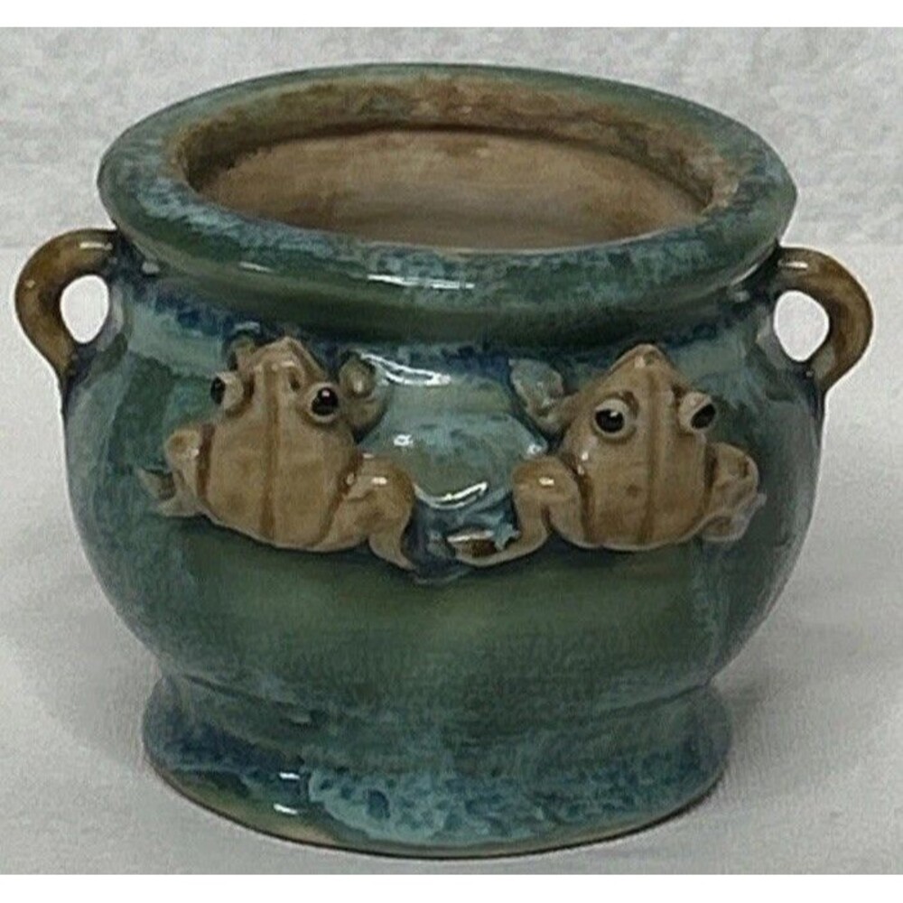 Vintage Majolica Pottery Frog Bowl Planter Blue Green Drip Glaze 3x3.5” Boho